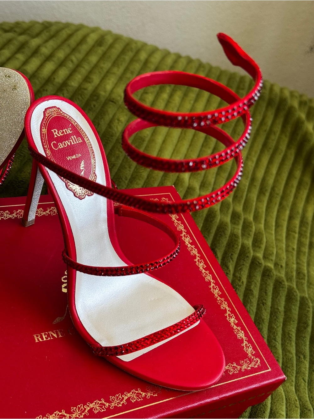Rene Caovilla Red Crystal Spiral-Strap Stiletto Sandals